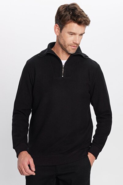 Tudors Unisex Relax Fit Rahat Kesim Fitilli Desenli Pamuklu Yarım Fermuarlı Siyah Dik Yaka Sweatshirt
