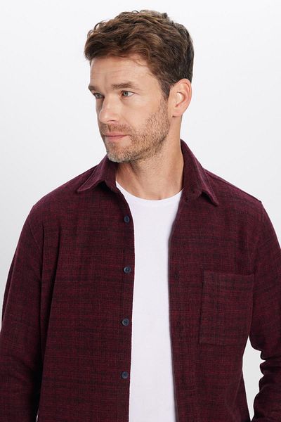 Tudors Men's Classic Fit Regular Fit Lumberjack Single Pocket Dobby Burgundy Winter Shirt