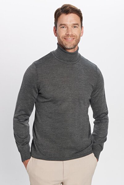 Tudors Erkek Slim Fit Dar Kesim Tam Balıkçı Yaka Düz Yün Gri Triko Kazak