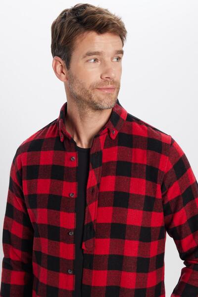 Tudors Erkek Slim Fit Dar Kesim Oduncu Düğmeli Yaka Kareli Kışlık Gömlek