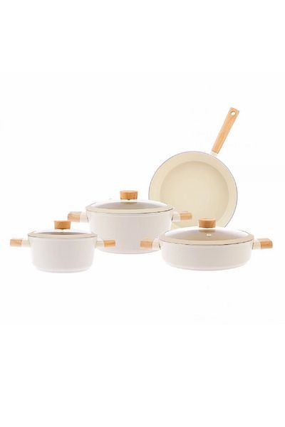 AVCI HOME MAKER 7Piece Swiss Crystal Ceramic Cookware Set: 2 deep,low casserole, frypan,wood handles,glass lids