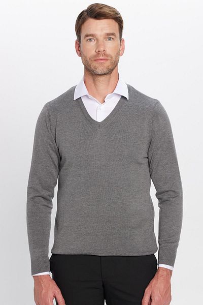Tudors Men's Slim Fit V-Neck Cotton Gray Knitwear Sweater