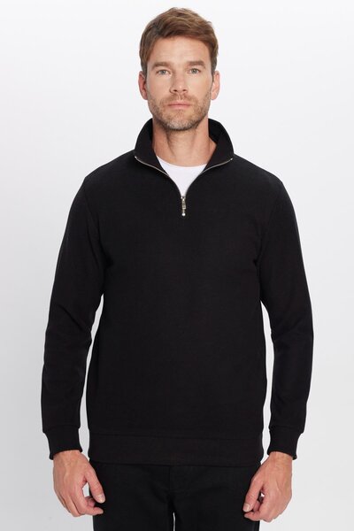 Tudors Φούτερ Unisex Relax Fit Άνετη εφαρμογή από βαμβακερό ύφασμα με μισό φερμουάρ μαύρο όρθιο γιακά