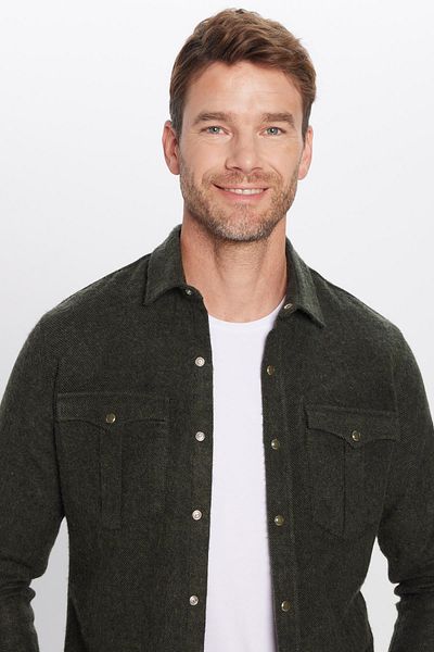 Tudors Мъжка зимна риза Slim Fit Lumberjack с двоен джоб и капак, обикновена, каки