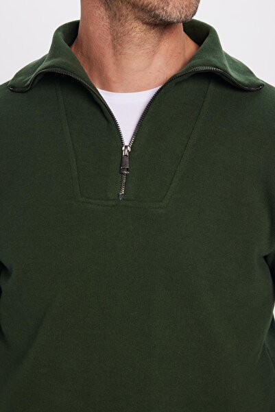 Tudors Unisex Relax Fit Rahat Kesim Fitilli Desenli Pamuklu Yarım Fermuarlı Yeşil Dik Yaka Sweatshirt