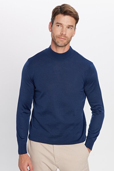 Tudors Erkek Slim Fit Dar Kesim Yarım Balıkçı Yaka Düz Lacivert Triko Kazak