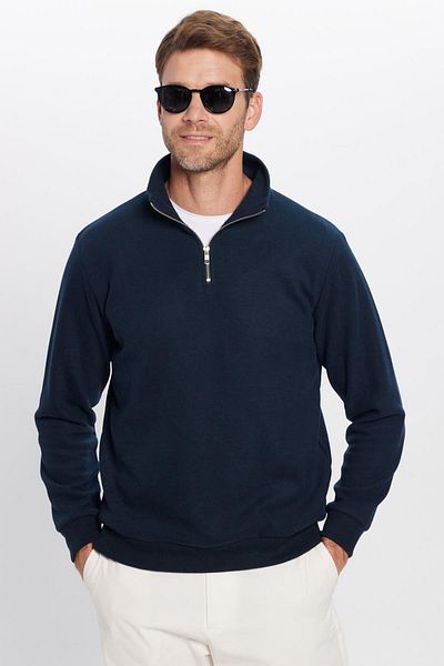 Tudors Unisex Relax Fit Comfortable Cut Cotton Half Zipper Navy Blue Stand Collar Sweatshirt