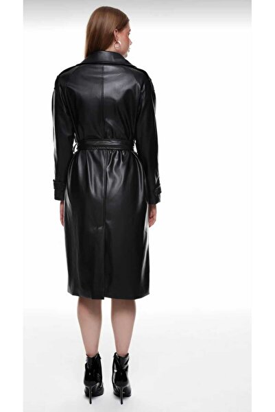 Elizar Moda SİYAH DERİ KEMERLİ MİDİ BOY DERİ TRENÇ