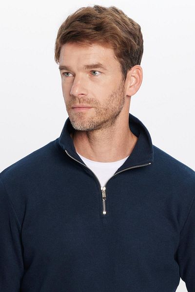 Tudors Unisex Relax Fit Comfortable Cut Cotton Half Zipper Navy Blue Stand Collar Sweatshirt