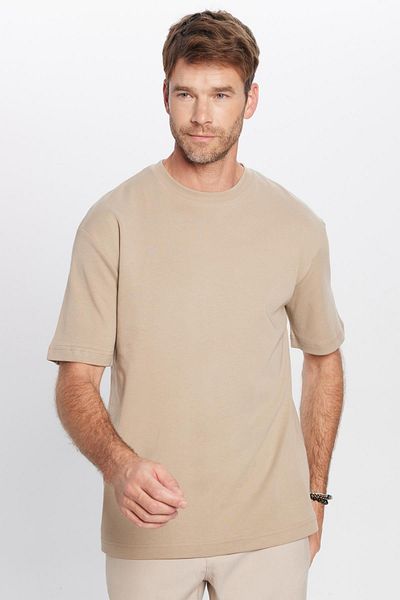 Tudors Μπλουζάκι Unisex Oversize Wide Cut 100% βαμβακερό μαλακό με υφή Basic Crew Neck Beige T-shirt