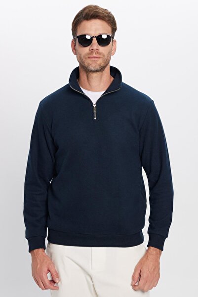 Tudors Φούτερ Unisex Relax Fit Άνετη εφαρμογή από βαμβακερό ύφασμα με μισό φερμουάρ, μπλε ναυτικό, όρθιο γιακά