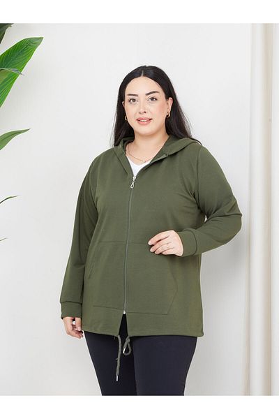 tarzımsüper Women's Large Size Hooded Zipper Model 2 Pockets Long Khaki Sports & Casual Sweatshirt Black