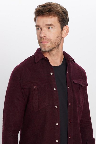 Tudors Мъжка зимна риза Slim Fit Lumberjack с двоен джоб и капак, обикновена, бордо
