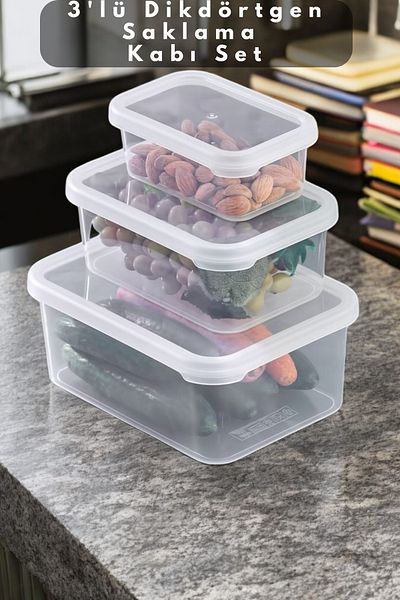 PONÇİK STORE 375*900*1700ml Microwave Usable 3 Pieces Rectangular Storage Container - Without Lid