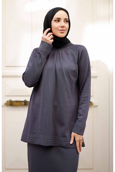 Pamuk Butik Women's Mercerized Pleated Skirt Double Knitwear Suit