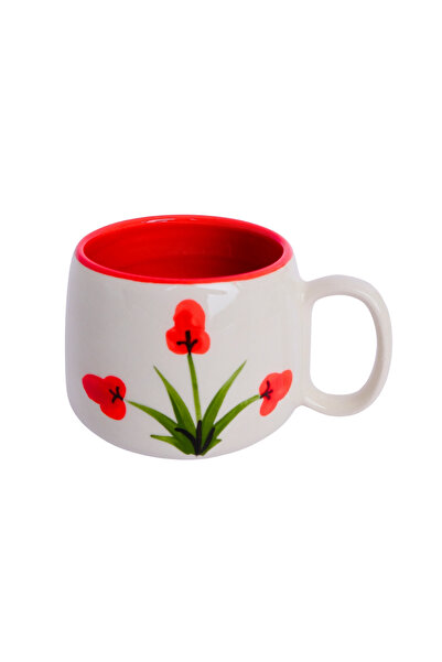Bilge Seramik Red Poppy Patterned Handmade Double Ceramic Mug, Ceramic Mug, M...