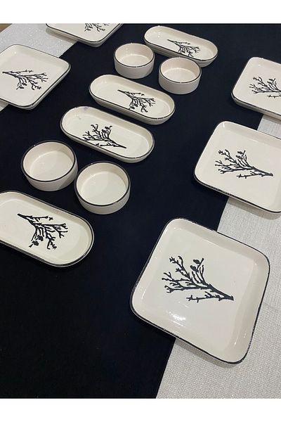 MTD SERAMİK Plane Pattern Luxury Square Breakfast Set 14 Pieces 6 Seater