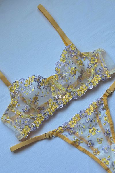 Rubuvi Flora Women S Floral Print Lace Tulle Bralet and Dowry Panties Set - Lingerie Bra and Underwear Set