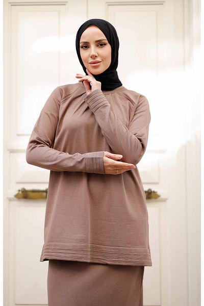 Pamuk Butik Women's Mercerized Pleated Skirt Double Knitwear Suit