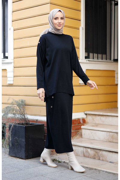 Pamuk Butik Kadın Merserize Düğme Detaylı Etekli İkili Triko Takım