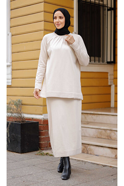 Pamuk Butik Women's Mercerized Pleated Skirt Double Knitwear Suit