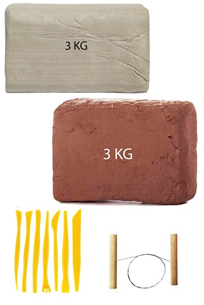 ACUTO Kahve Çamur 3 Kg Kırmızı Kil Seramik Hamuru Beyaz Kil 3 Kg Plastik Ebeşuar Seti Çamur Kesme Teli