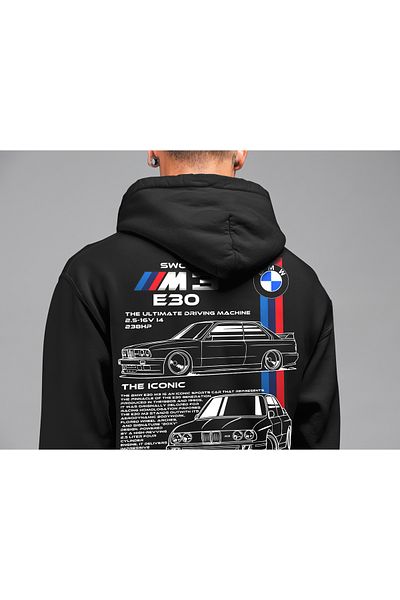 swOzz BMW E30 Printed Unisex Black Hoodie - Φούτερ από χοντρό ύφασμα με 3 κλωστές