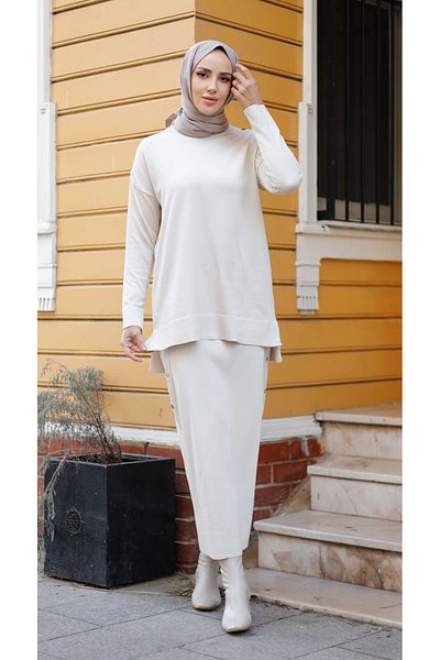 Pamuk Butik Γυναικείο Σετ Πλεκτό Διπλό Με Λεπτομέρεια Φούστα Mercerized Button