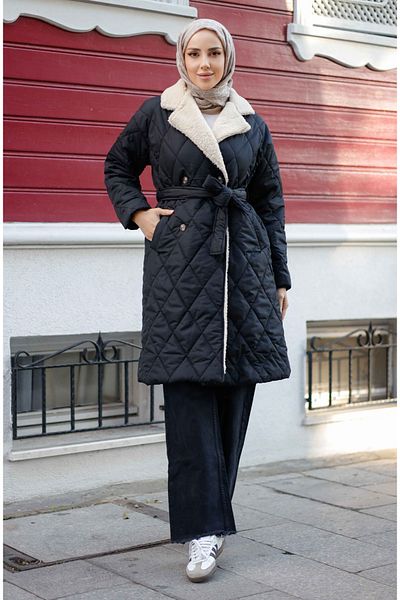 Pamuk Butik Γυναικείο καπιτονέ παλτό με γούνινο ζώνη και κουμπιά