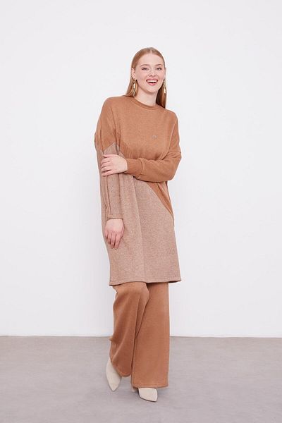 Levidor Camel Glitter Knitwear Tunic - Emblem Detailed