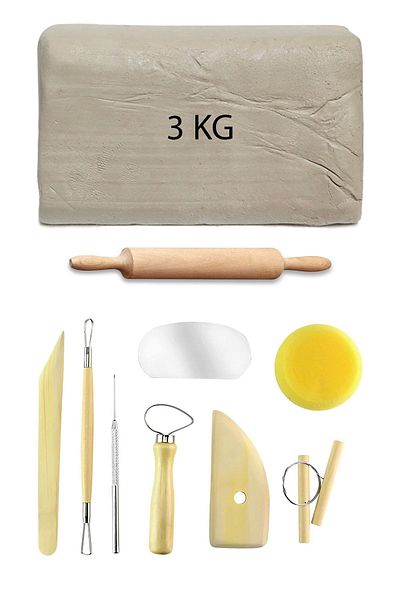 ACUTO White Ceramic Plasticine 3kg Ceramic Starter Set 8 Pieces Mini Wooden Roller