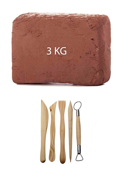 ACUTO 3 Kg Kahverengi Çamur Kırmızı Kil Seramik Hamuru Ahşap Ebeşuar Şekillendirme Seti
