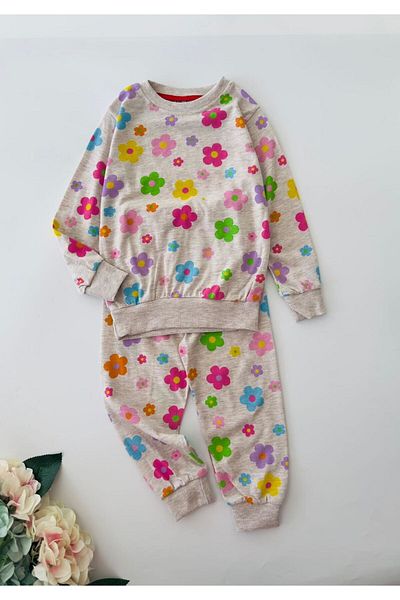 Minigimin Cicileri Gray My Mini Flower Patterned Combed Cotton Pajama Set