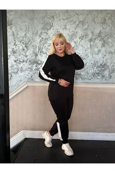 Butik Nilyam Еластичен комплект анцуг с голям размер - кръгло деколте, страничен детайл, черен 24680