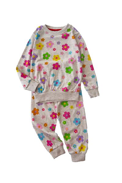 Minigimin Cicileri Gray My Mini Flower Patterned Combed Cotton Pajama Set