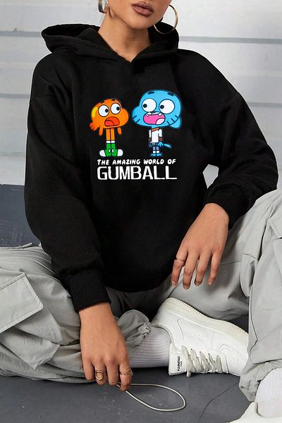 halowear Unisex Μαύρο φούτερ με στάμπα Gumball and Darwin