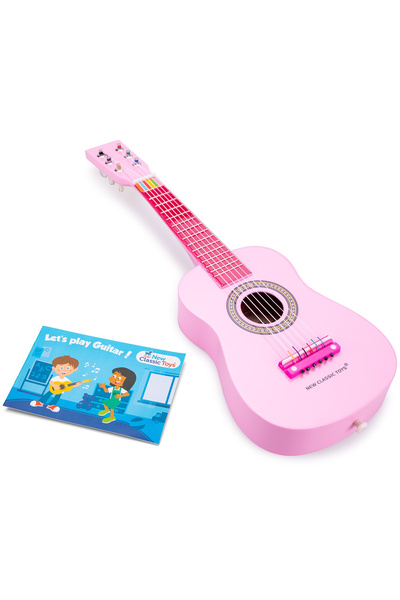 New Classic Toys Pink guitar with strap and manual, first steps in playing