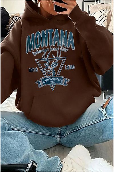 memowear Унисекс Монтана NO: 9 щампован кафяв суичър