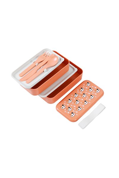 ITOTAL Διπλό κουτί φαγητού με σετ μαχαιροπίρουνων, με σχέδιο γατούλας, Πορτοκ...
