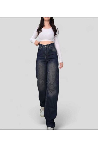 TRENDNATUREL Blugi largi Detaliat cu cataramă Top bleumarin Maro Nuanță Chimic Talie super înaltă Fără Lycra