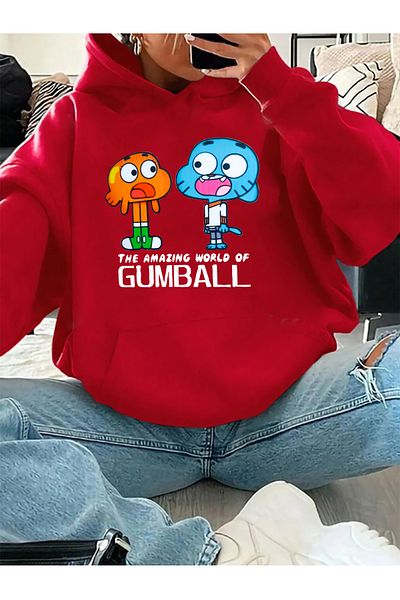 mw memowear Unisex Gumball and Darwin Printed Red Sweatshirt