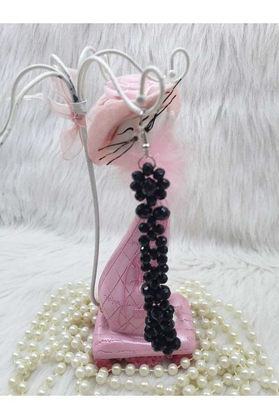 HAPPY HANDMADE Single Long Crystal Beads Black Earring