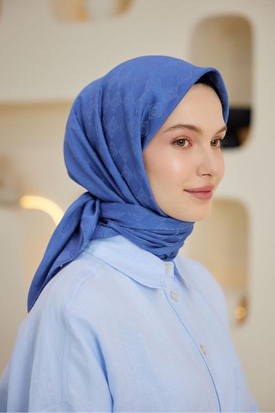 Şalland Jacquard Monogram Patterned Indigo Scarf