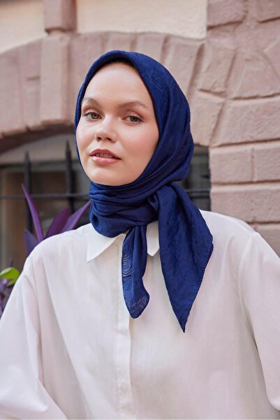Şalland Navy Blue Viscose Jacquard Scarf