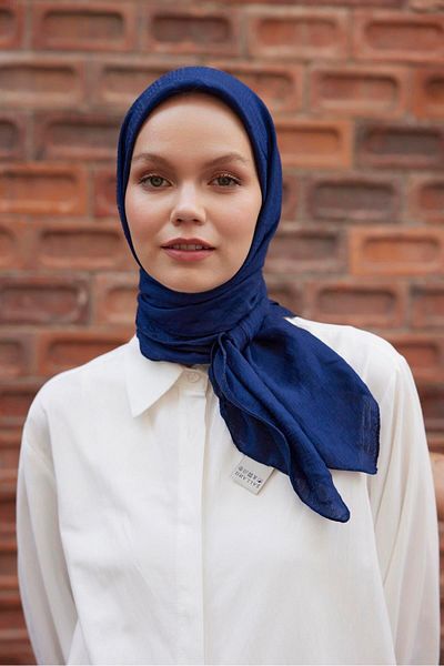 Şalland Navy Blue Viscose Jacquard Frame Patterned Scarf