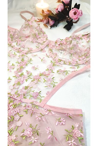 ARONA N&b Σέξι κορμάκι με ροζ φλοράλ δαντέλα με κέντημα