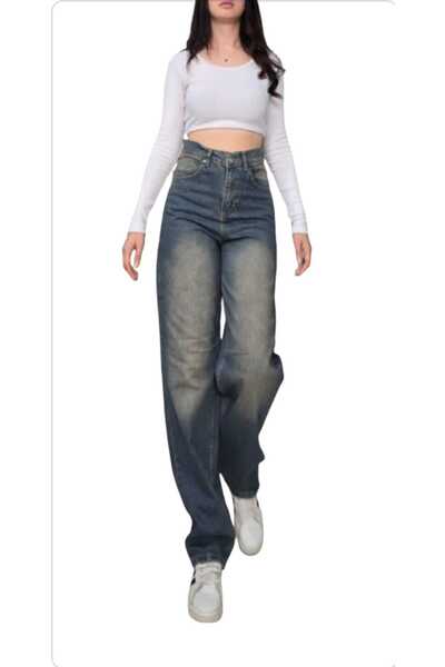 Livik Baggy Jeans Buckle Detailed Blue Top Green Tint Chemical Super High Waist Lycra Free