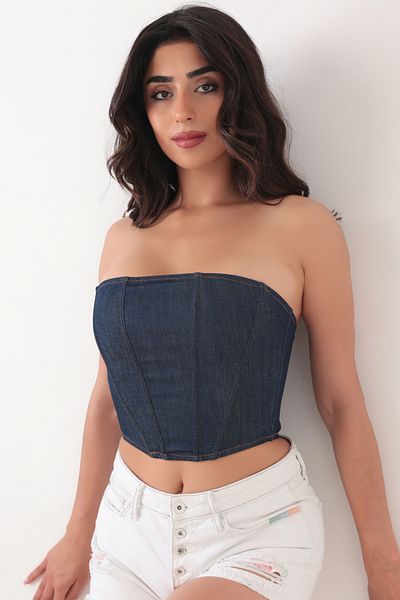 Brandpanty Navy Blue Tulle Detailed Denim Crop Top Bustier - 5598077 -Cleo