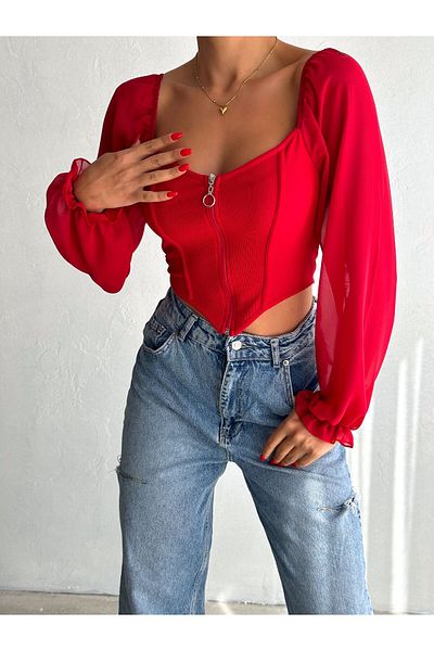 REELMODA Women's Madonna Collar Chiffon Sleeve Zip Stylish Crop Bluz