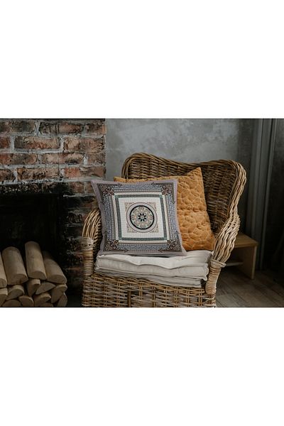 CİMENS Beige Cream Colored 4-Seat Gift Sofa - Digital Printed and Uzbek Patterned